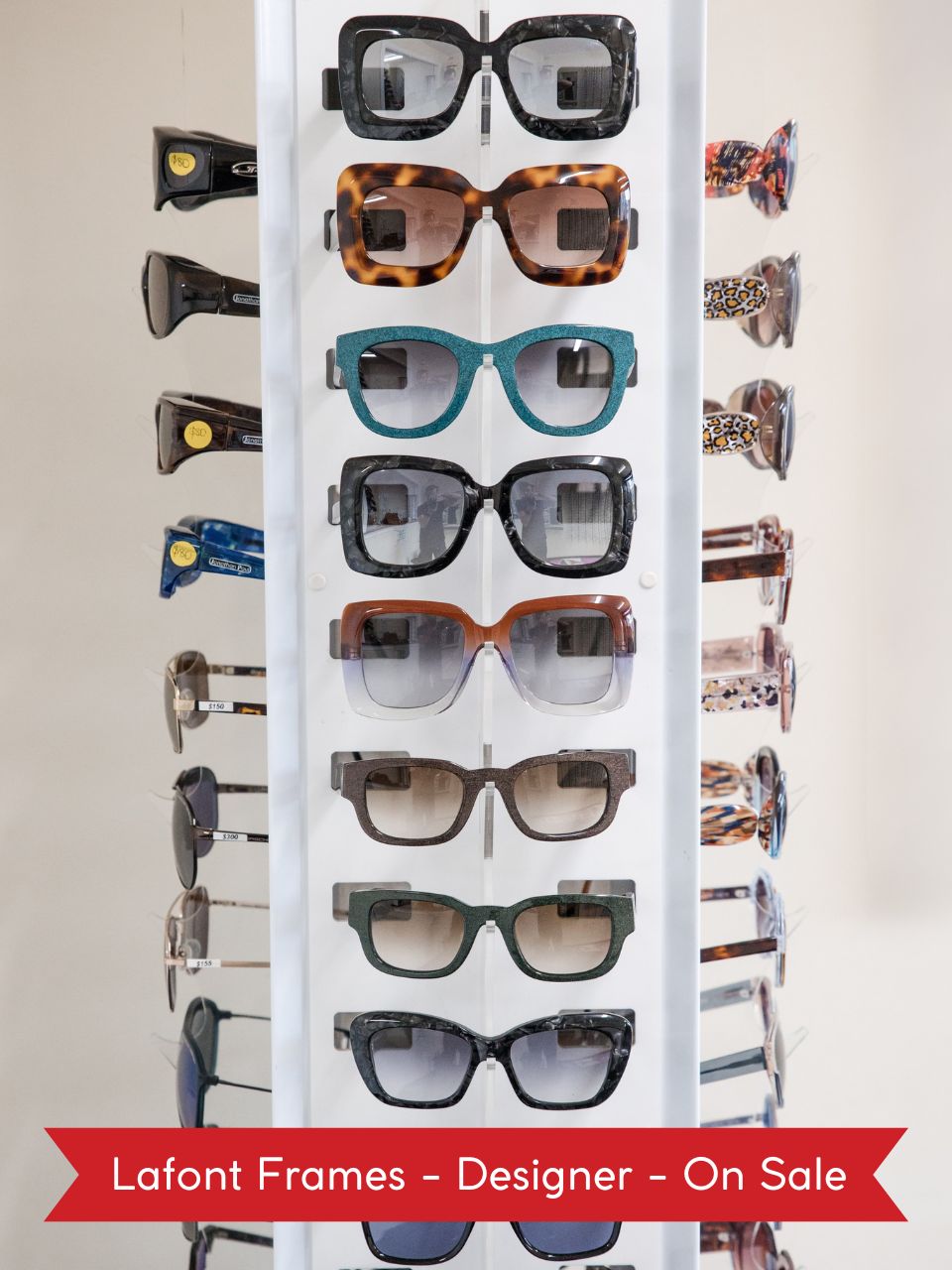 Lafont Sunglasses and Frames Designer Lafont sunglasses and frame on a stand